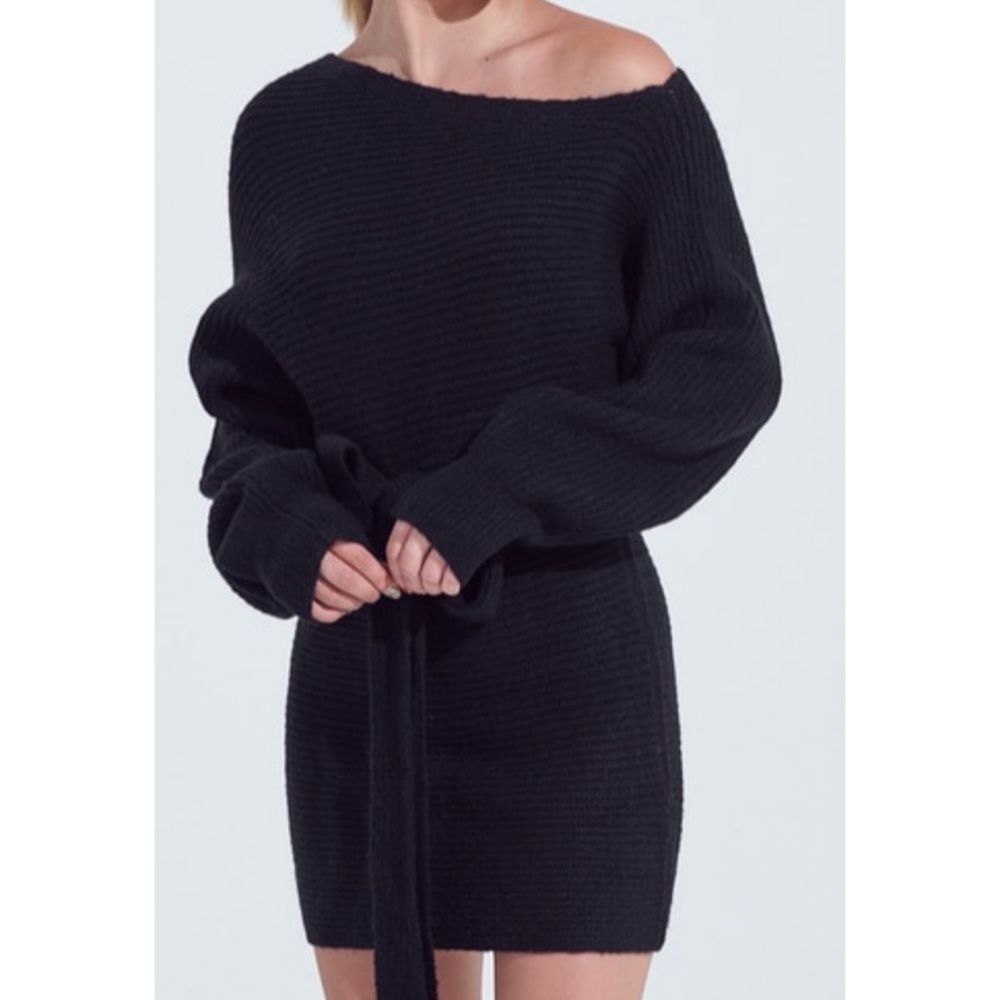 . Warm Hugs Off The Shoulder Black Chunky Knit Belted Mini/Midi Sweater Dress - Picture 7 of 13